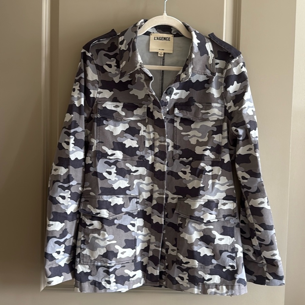 L’AGENCE Women's Cromwell Button Front Camo Military Denim Cotton Jacket